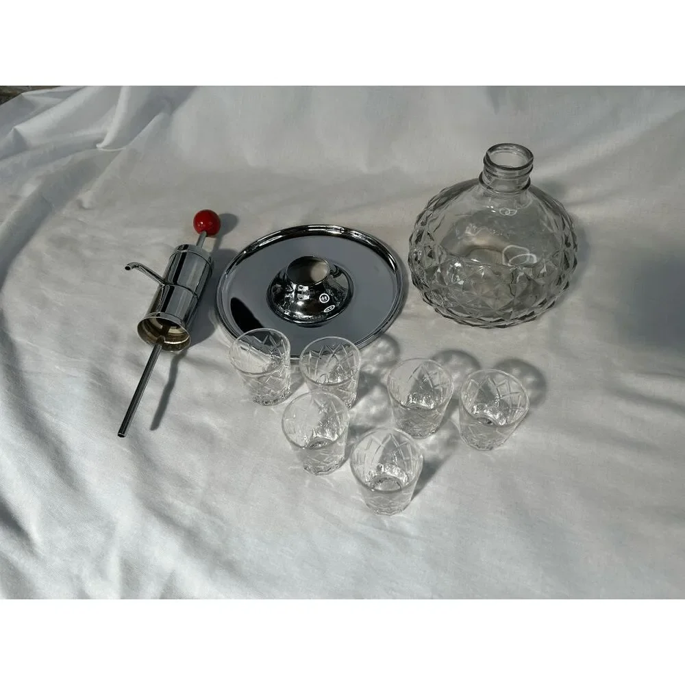 Park Sherman Revolving Pump Decanter With 6 Glasses, Liquor, Bourbon, Bar